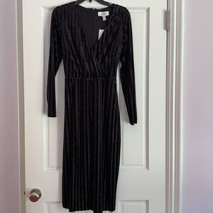 Badgley mischka belted velvet silver striped dress